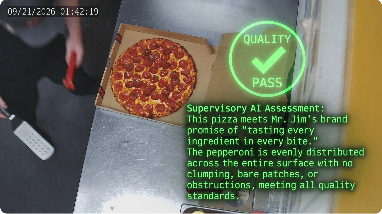 IPTECHVIEW Supervisory AI in action: Automated back-of-house quality verification analyzes pepperoni distribution and bake consistency at Mr. Jim’s Pizza in Las Vegas, where AI oversight helped drive a 43% drop in preparation defects.